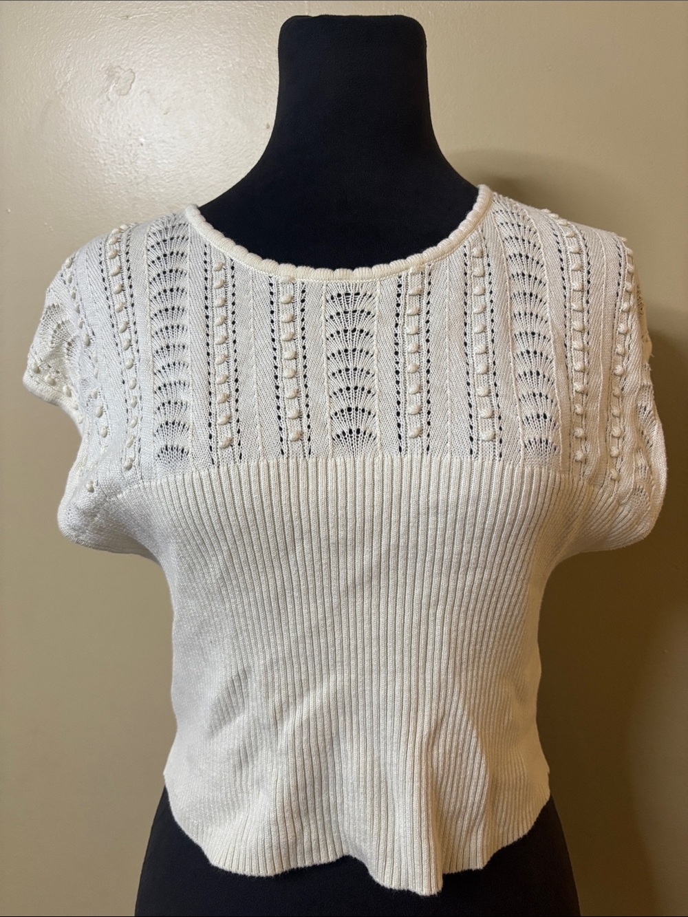 Free People Cream Openwork Ribbed Crop Sweater